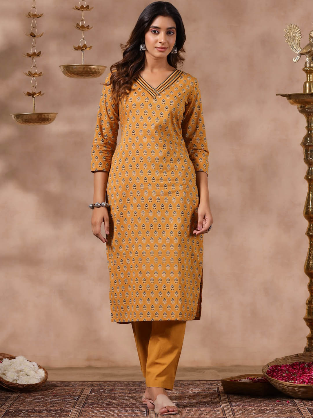 

Anubhutee Ethnic Motifs Printed Straight Pure Cotton Kurta with Trousers, Mustard