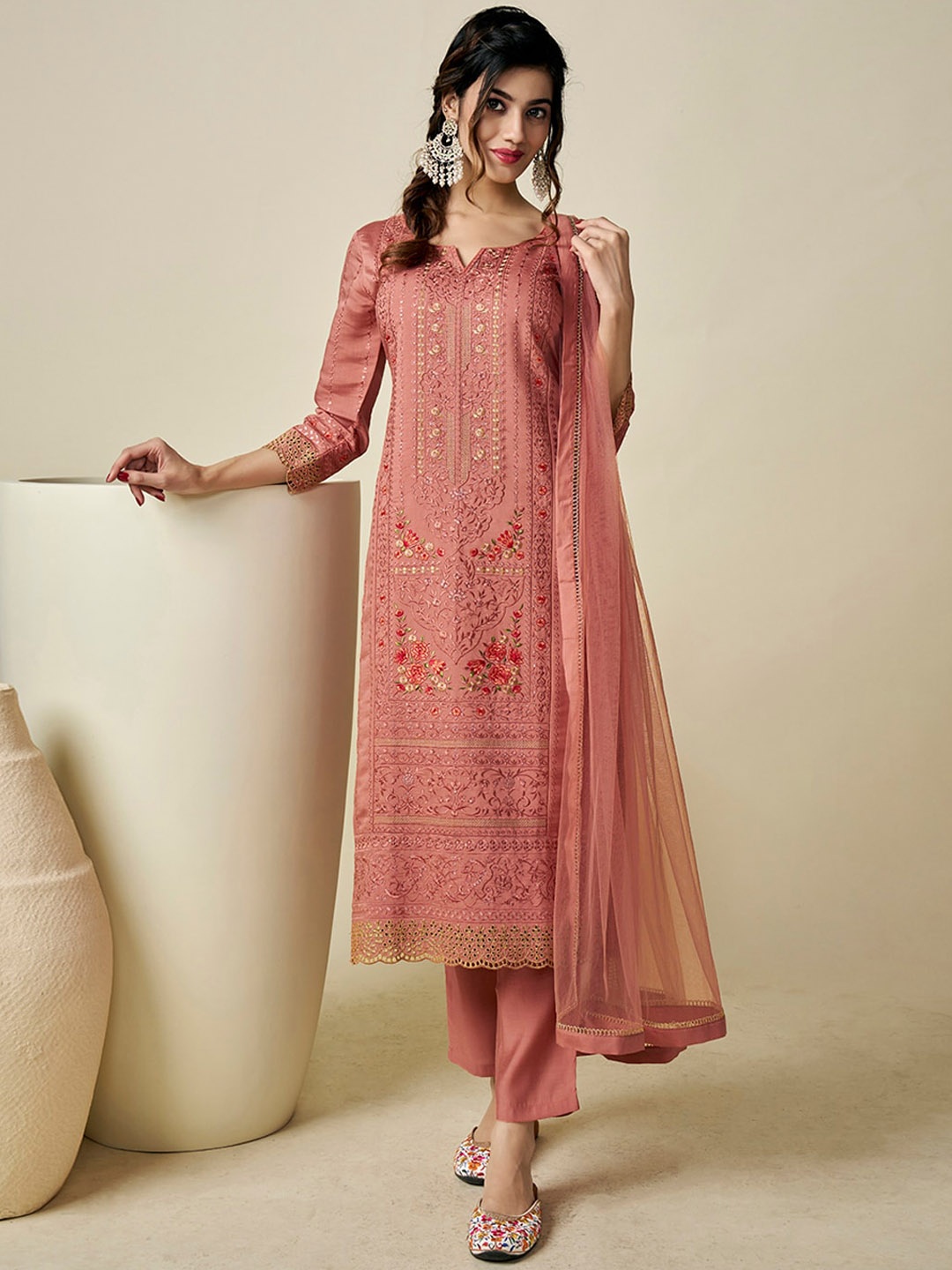 

Inddus Floral Embroidered Regular Pure Cotton Kurta With Trousers & Dupatta, Rust