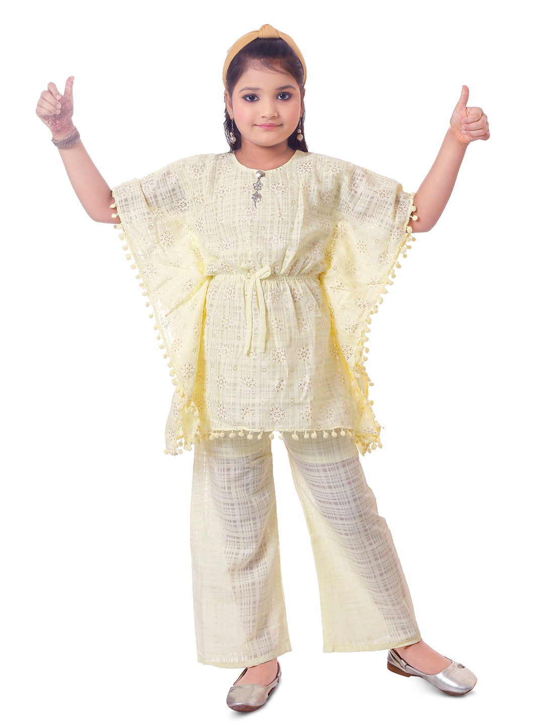 

BAESD Girls Floral Printed Flared Sleeves Kaftan Kurti With Palazzos, Yellow
