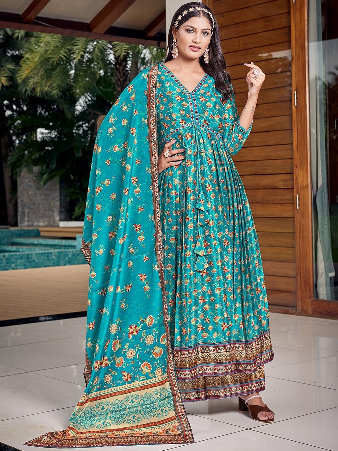 

CHANSI Ethnic Motifs Printed Empire Kurta With Palazzos & Dupatta, Green