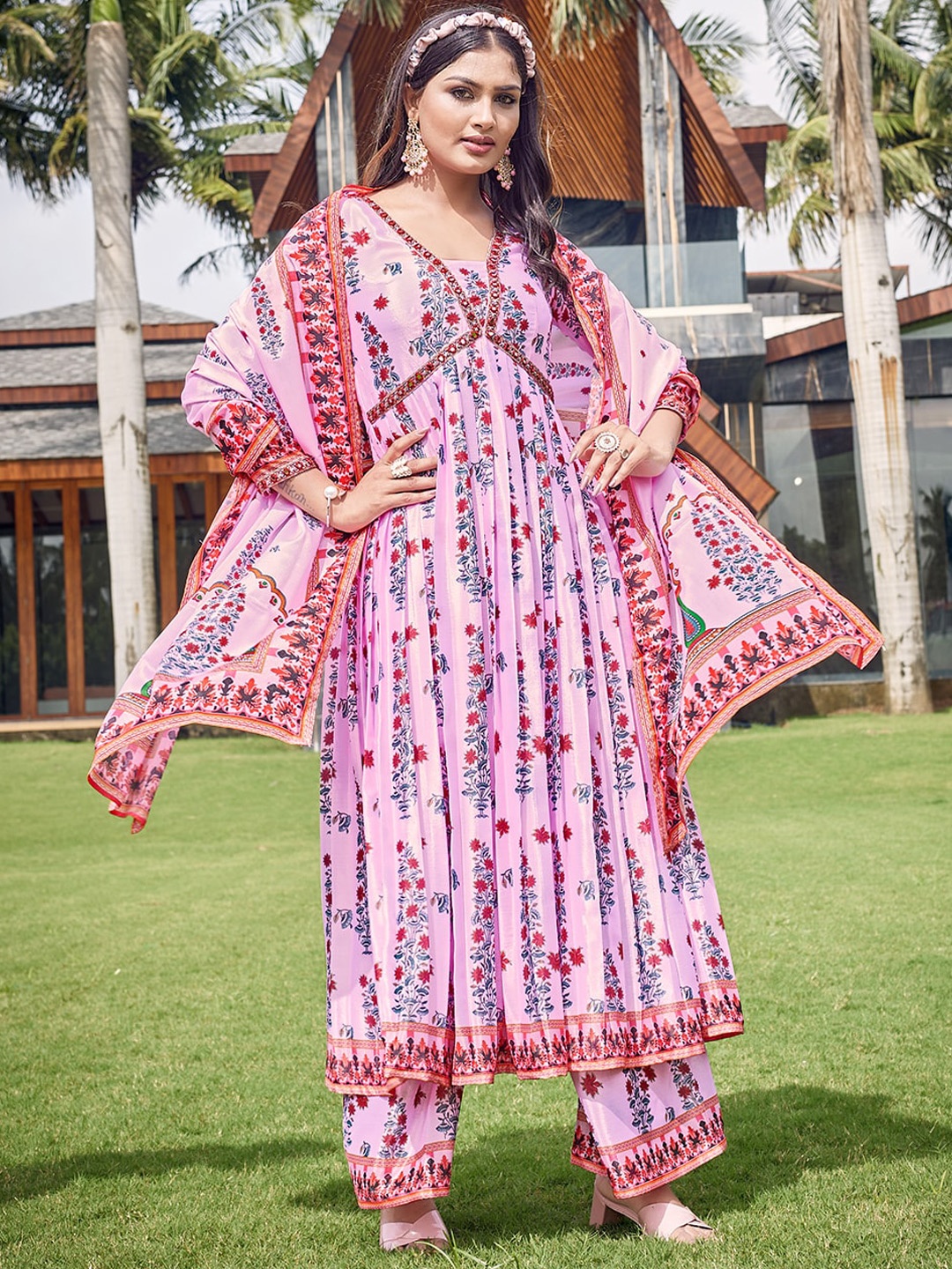 

CHANSI Floral Printed Regular Kurta With Palazzos & Dupatta, Pink