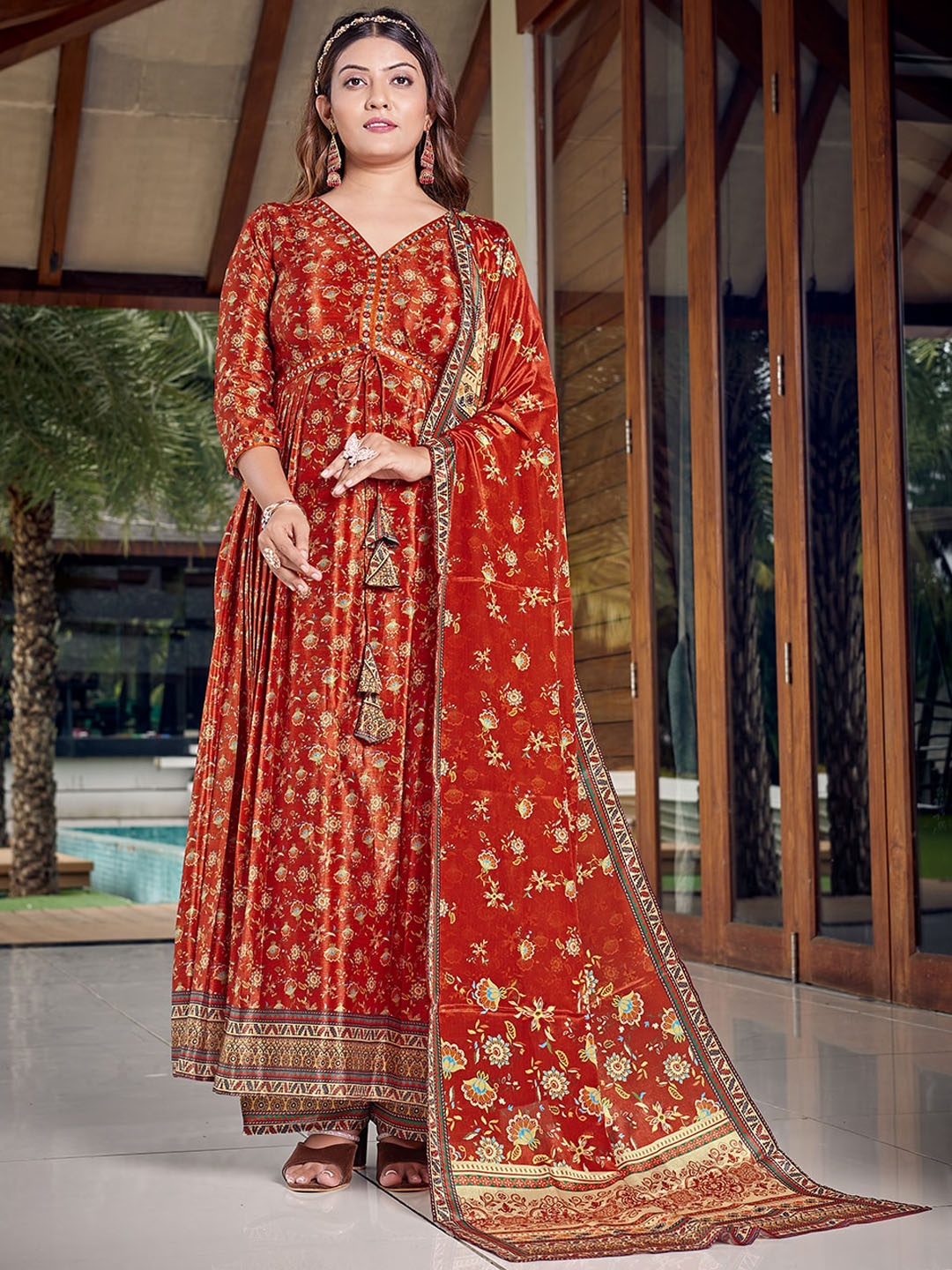 

CHANSI Floral Printed Empire Kurta With Palazzos & Dupatta, Rust