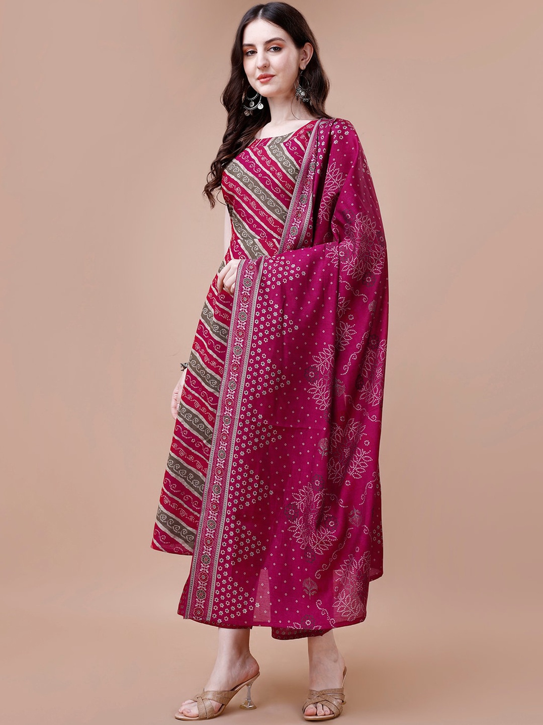 

KALINI Leheriya Printed Kurta With Trousers & Dupatta, Red