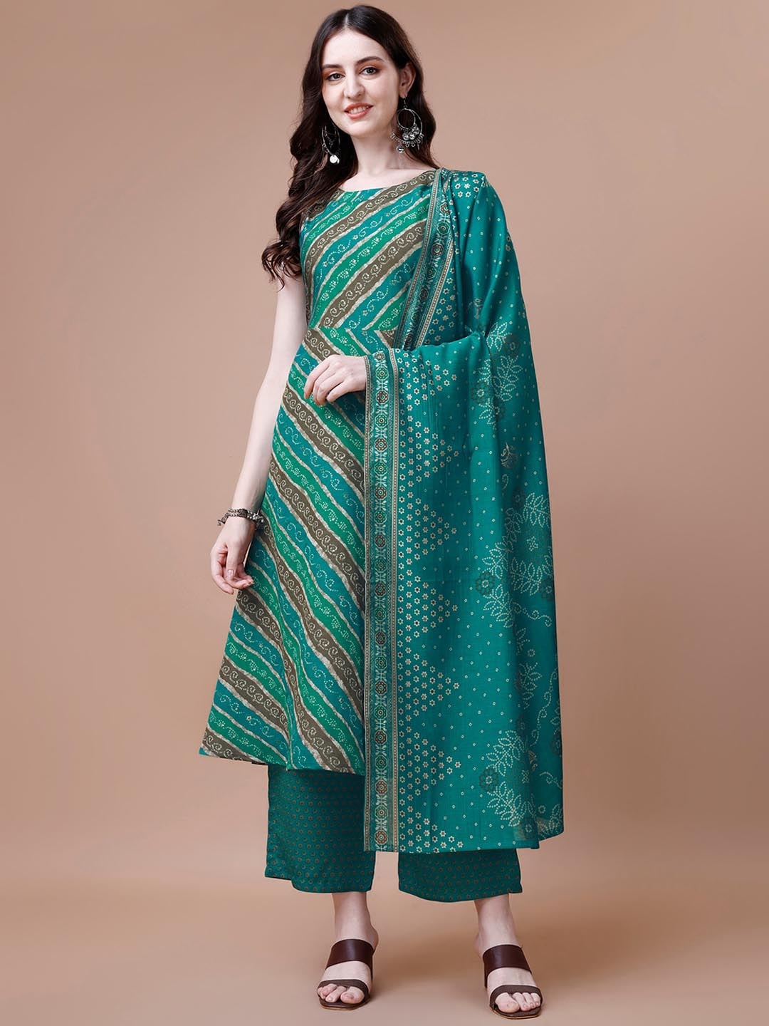 

KALINI Bandhani Printed Chanderi Silk Empire Kurta With Trousers & Dupatta, Teal