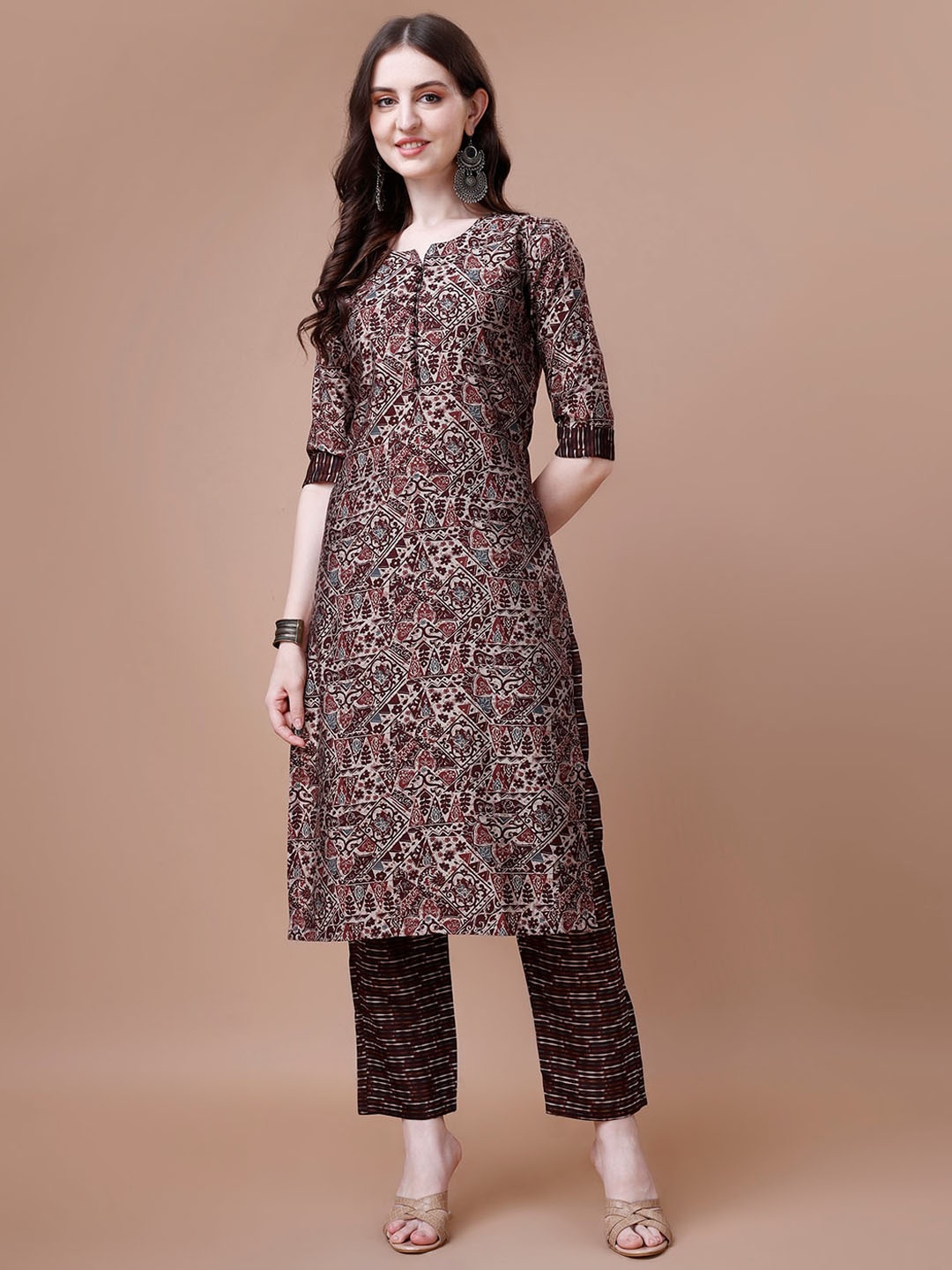 

KALINI Floral Printed Chanderi Silk Kurta With Trousers, Brown