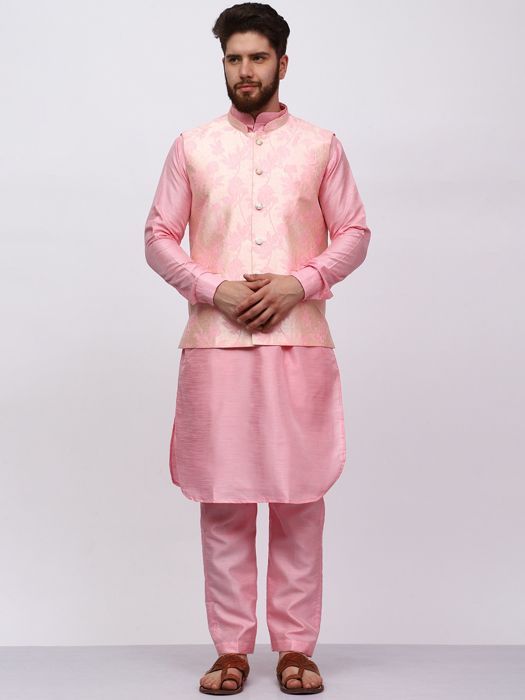 

MAG Mandarin Collar Regular Dupion Silk Straight Kurta & Trousers With Nehru jacket, Pink