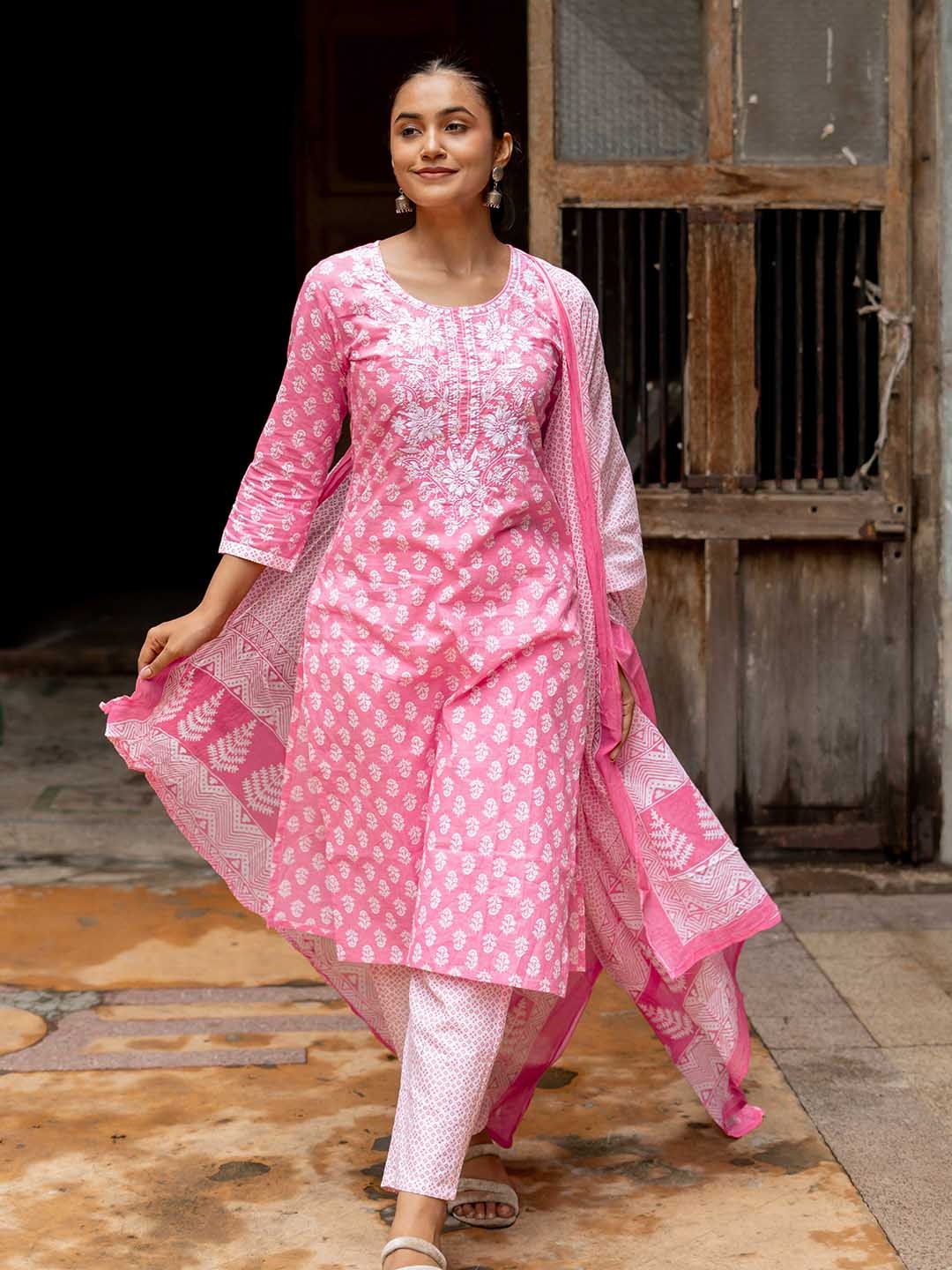 KALINI Floral Printed Pure Cotton Thread Work Kurta With Trousers & Dupatta, Pink
