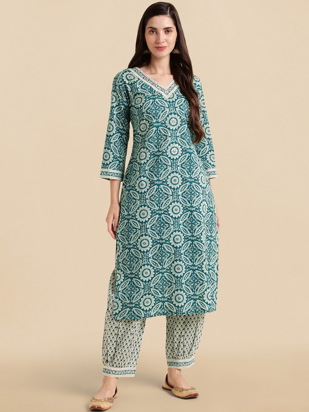 

KALINI Floral Printed Pure Cotton Thread Work Kurta With Salwar, Blue
