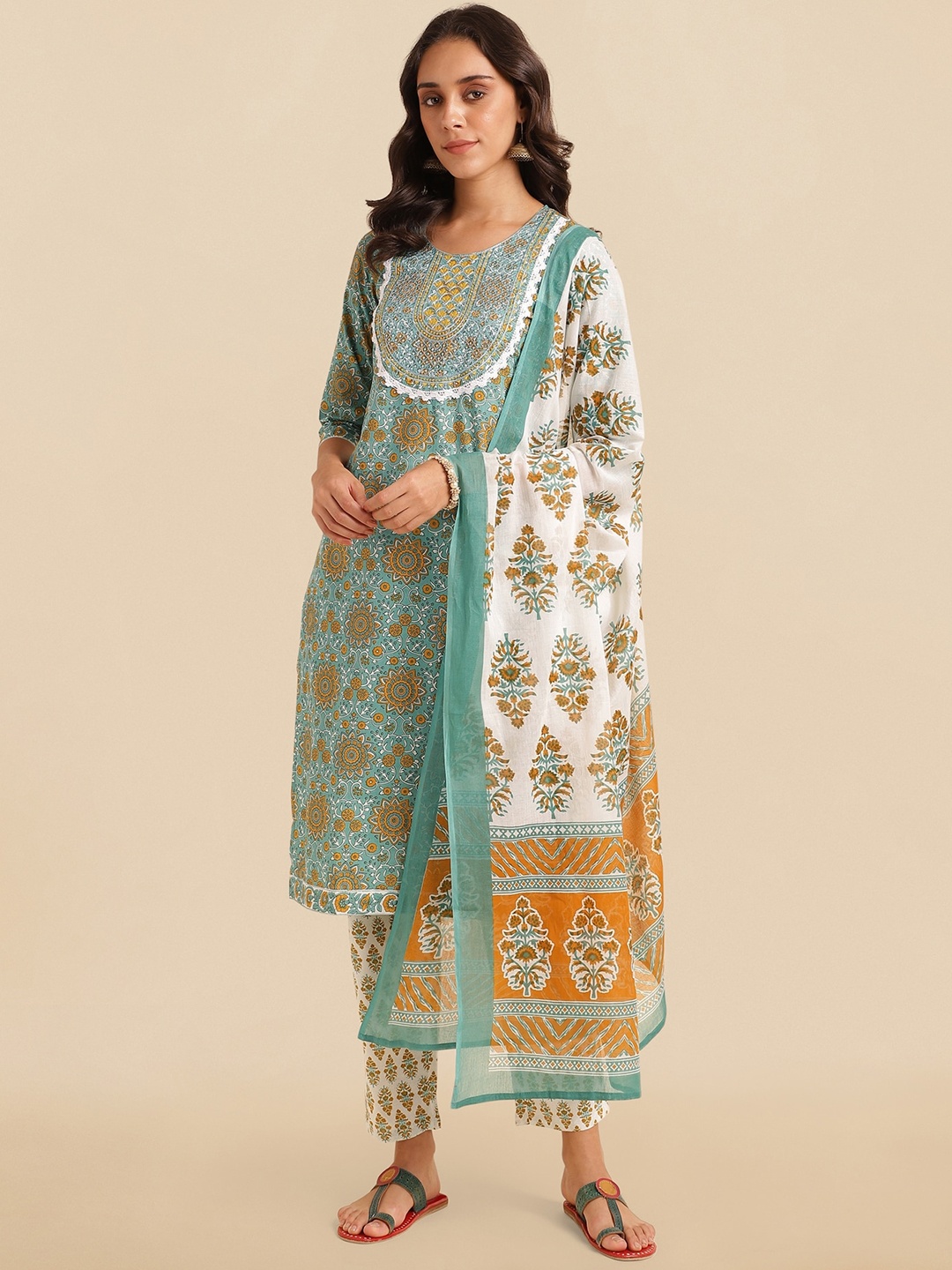 

KALINI Floral Printed Pure Cotton Sequinned Kurta With Trousers & Dupatta, Teal