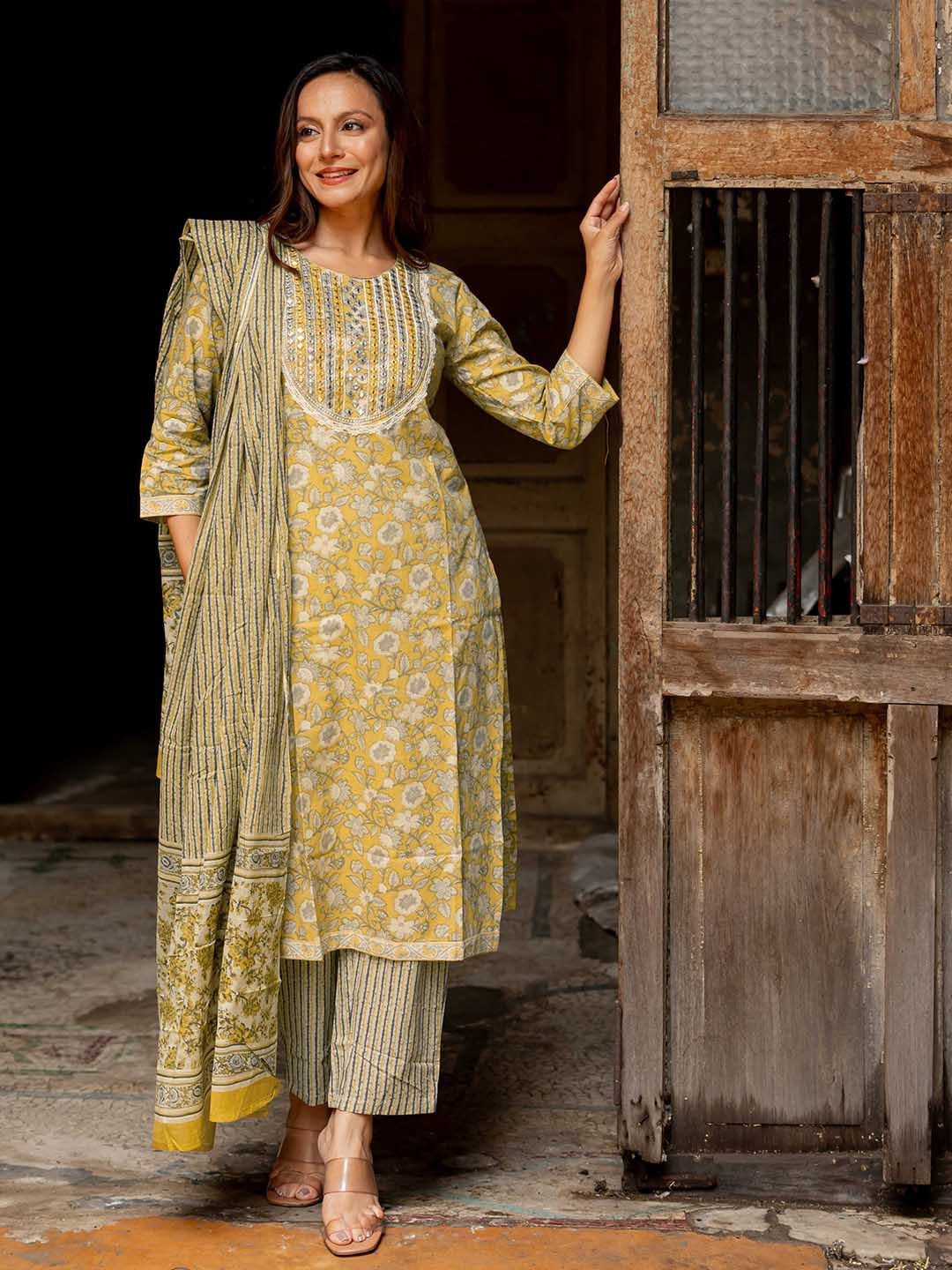 

KALINI Floral Printed Mirror Work Pure Cotton Kurta with Trousers & Dupatta, Mustard