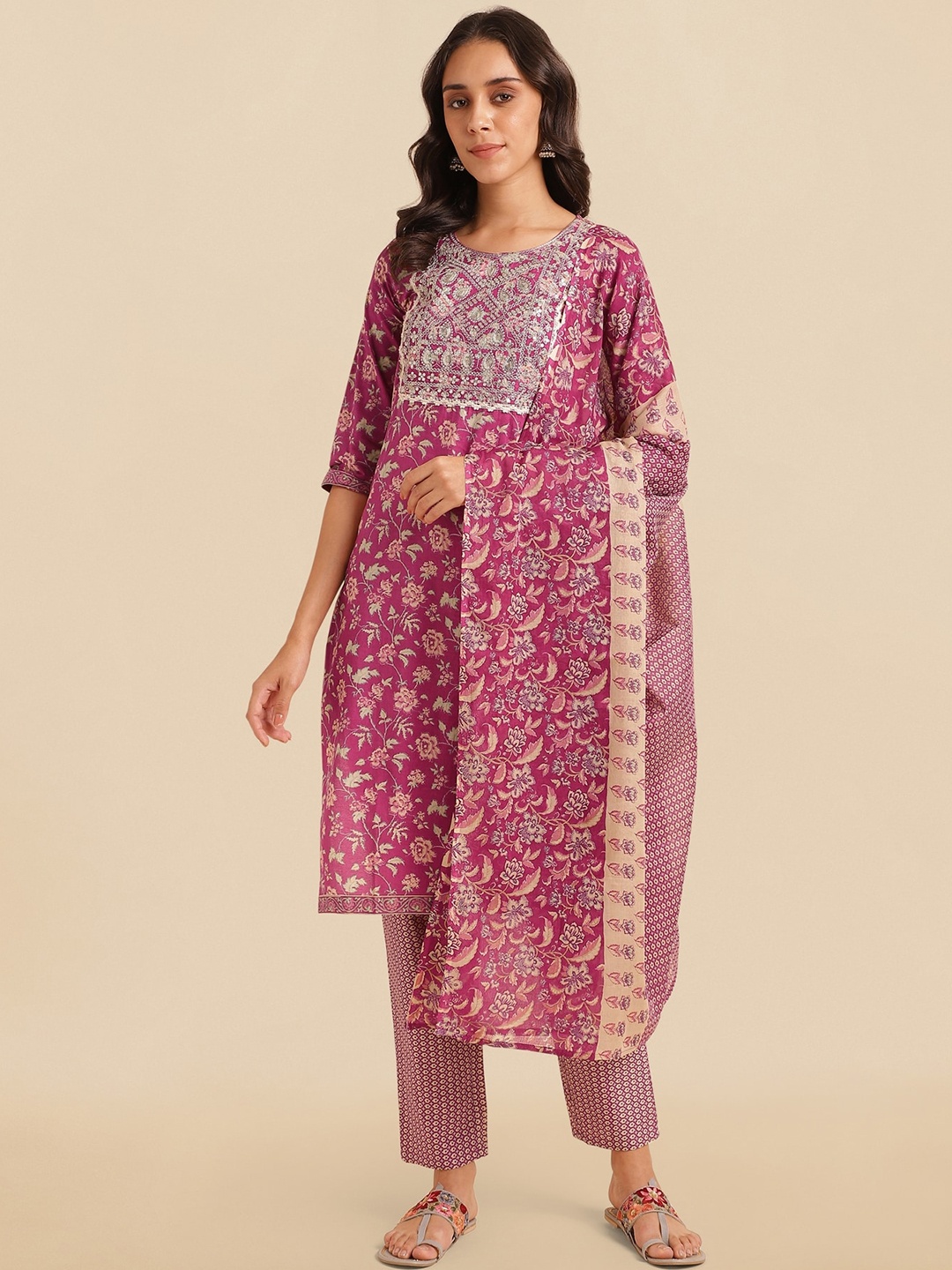 

KALINI Floral Printed Regular Sequinned Pure Cotton Kurta with Trousers & Dupatta, Magenta