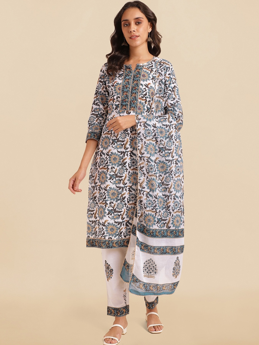 

KALINI Floral Printed Pure Cotton Gotta Patti Kurta With Trousers & Dupatta, White