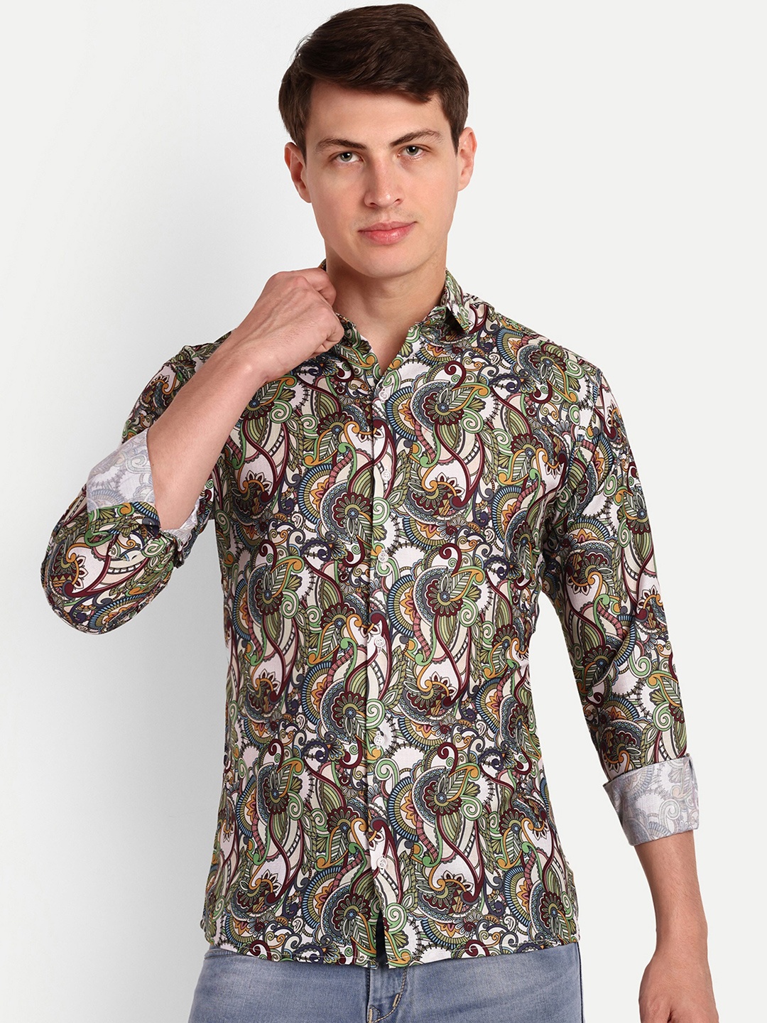 

COLORWINGS Slim Fit Ethnic Motifs Printed Casual Shirt, Green