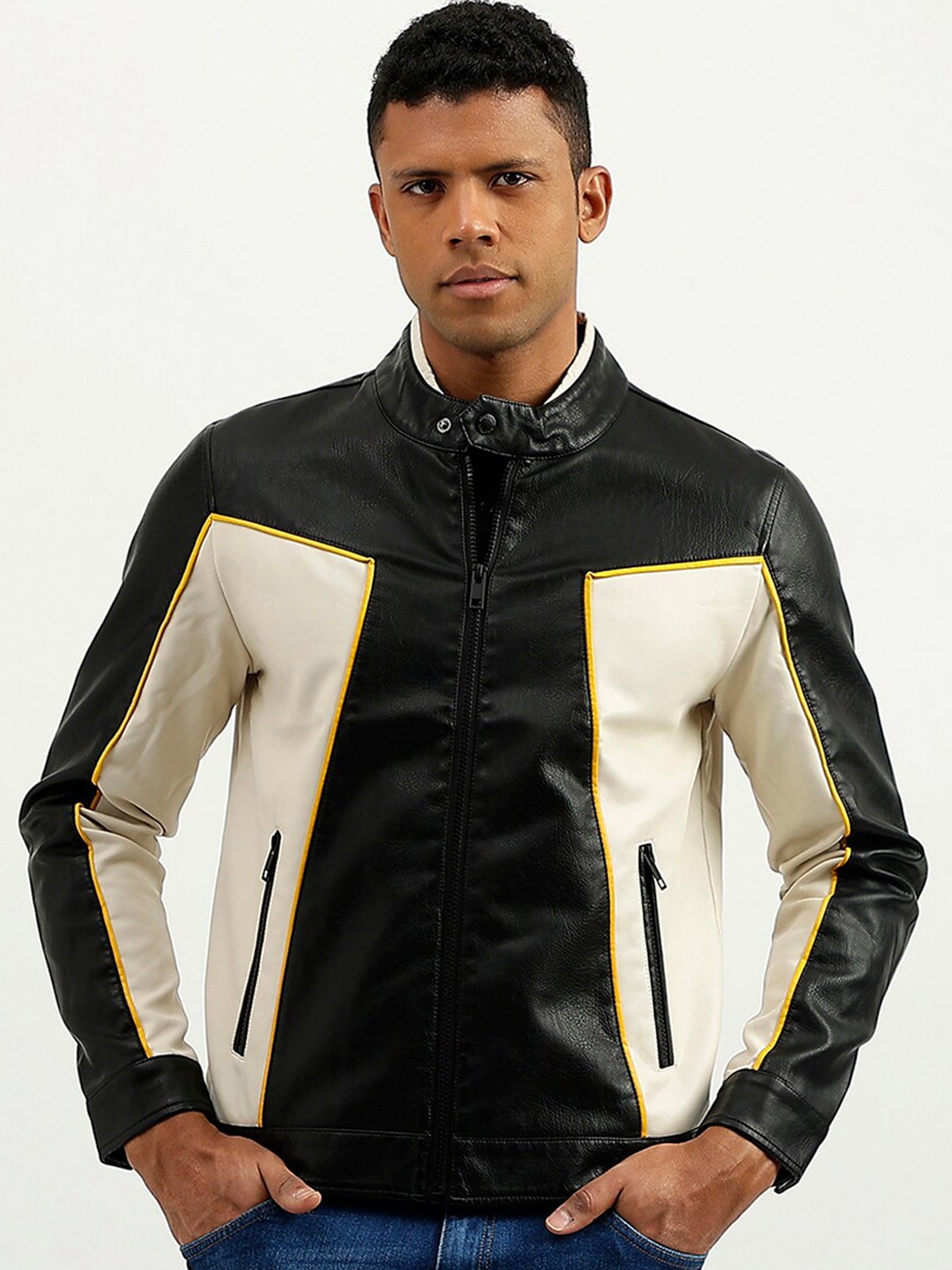 

United Colors of Benetton Colourblocked Band Collar Long Sleeves PU Biker Jacket, Black