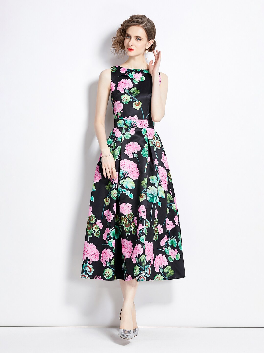 

JC Collection Floral Print Gathered Fit & Flare Midi Dress, Black