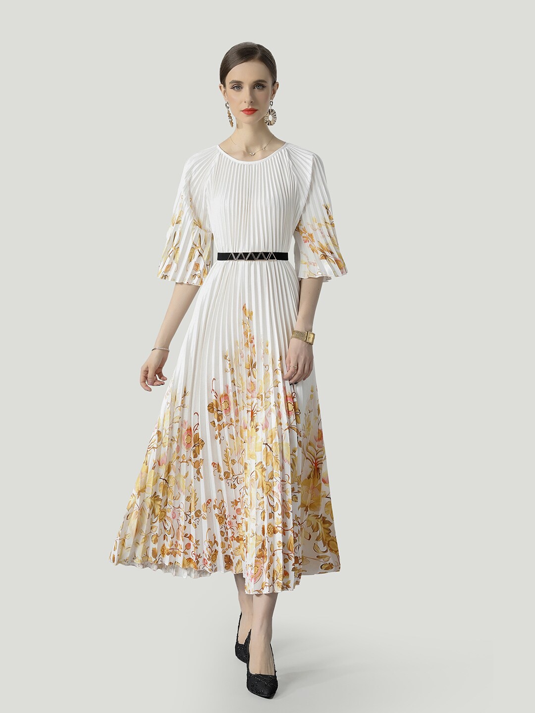 

JC Collection Floral Printed Flared Sleeves Accordion Pleats Fit & Flare Midi Dress, White