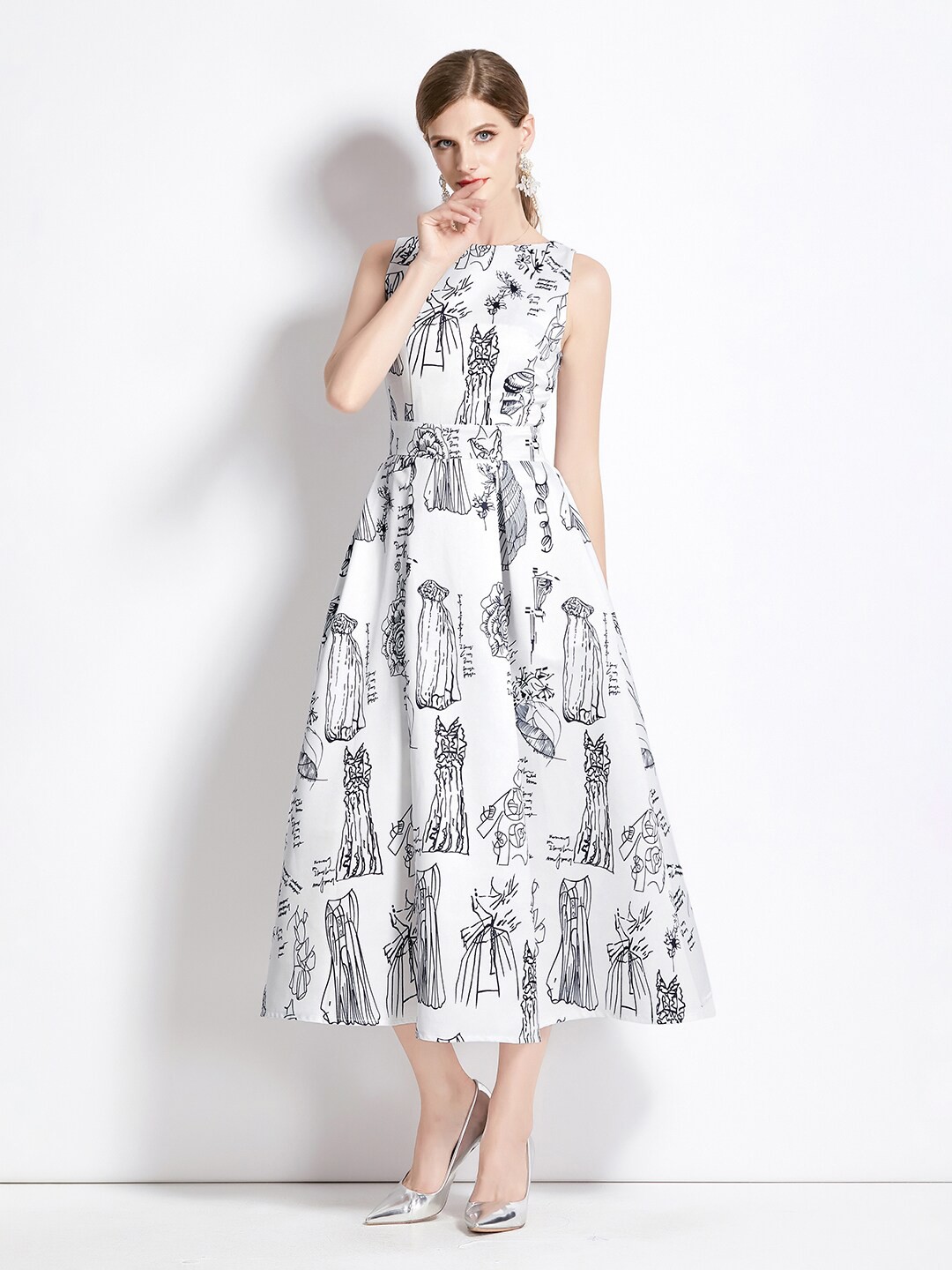

JC Collection Abstract Printed Boat Neck Fit & Flare Midi Dress, White