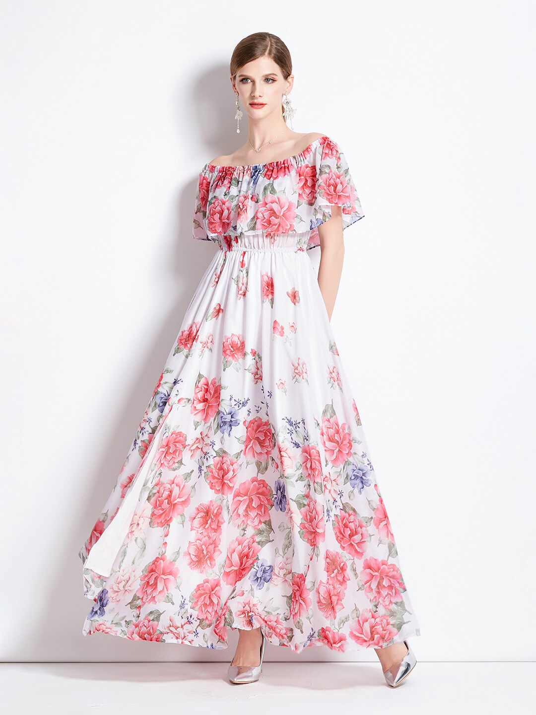 

JC Collection Floral Printed Cape Sleeves Gathered Maxi Dress, White