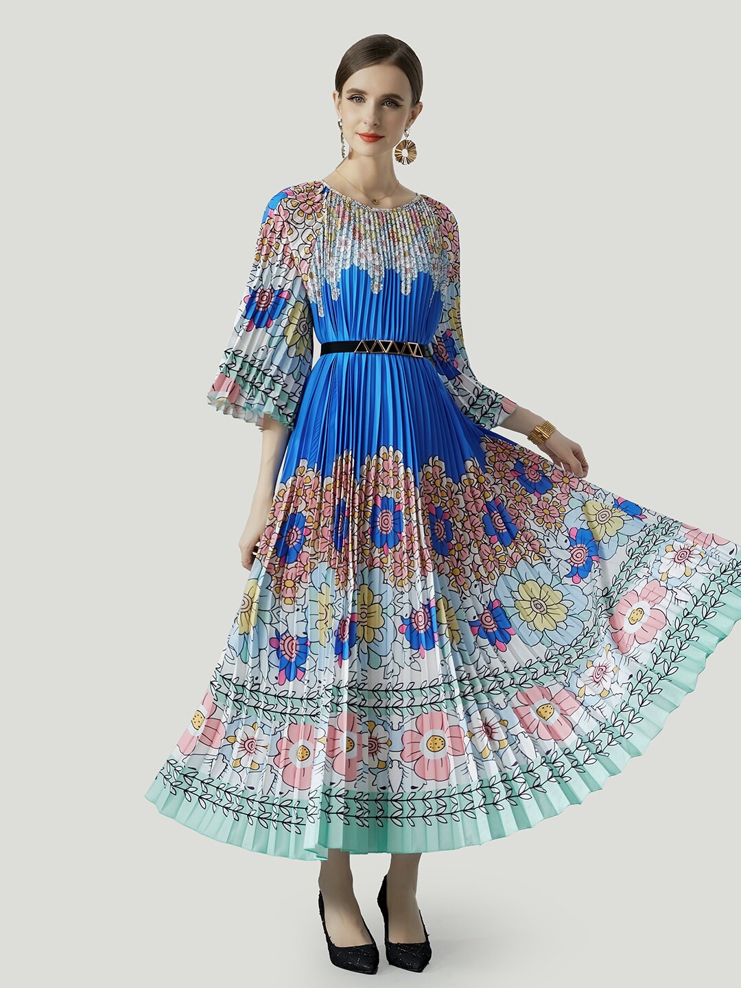 

JC Collection Floral Printed Flared Sleeves Accordion Pleated Fit & Flare Dress, Blue