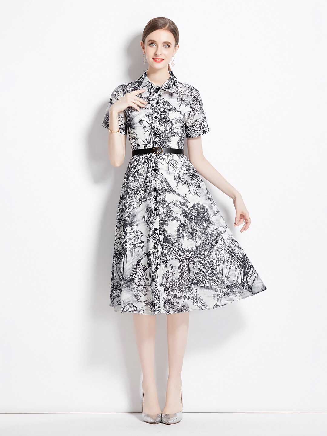 

JC Collection Floral Printed Belted Shirt Midi Dress, White