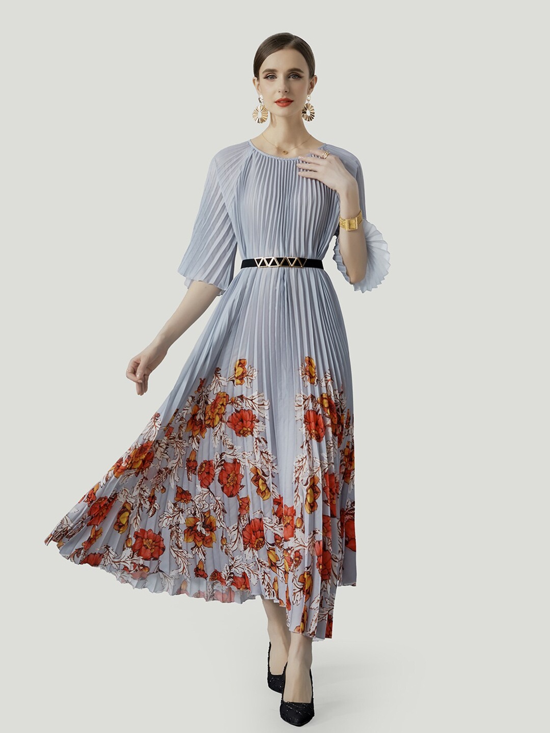

JC Collection Floral Printed Accordion Pleats Fit & Flare Midi Dress, Grey