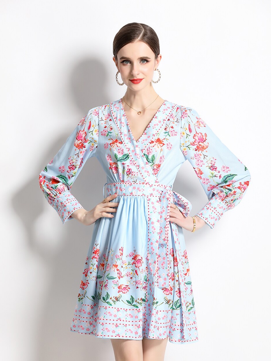

JC Collection Floral Printed V-Neck Cuffed Sleeves Gathered Fit & Flare Dress, Blue