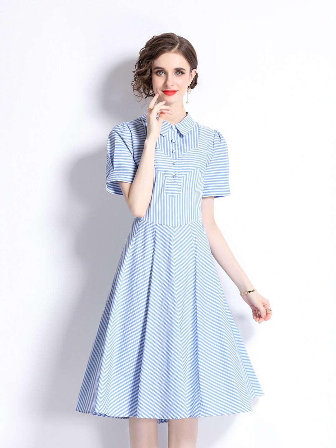 

JC Collection Striped Shirt Collar Puff Sleeves Fit and Flare Dress, Blue