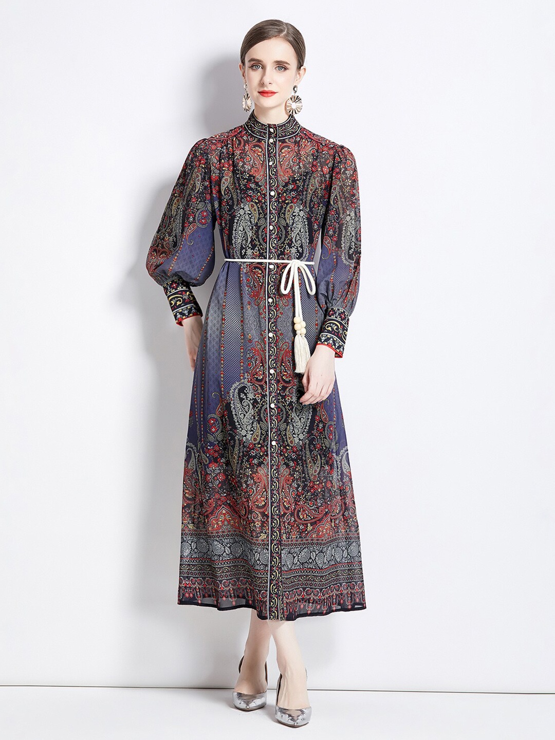 

JC Collection Ethnic Motifs Printed Band Collar Puff Sleeves A-Line Midi Dress, Black