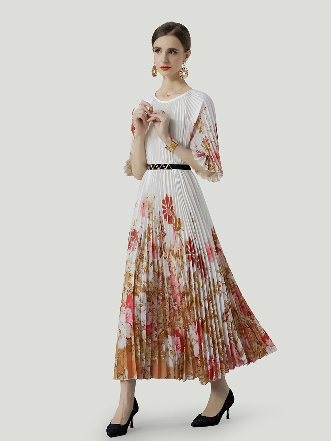 

JC Collection Floral Printed Flared Sleeves Fit & Flare Dress, White