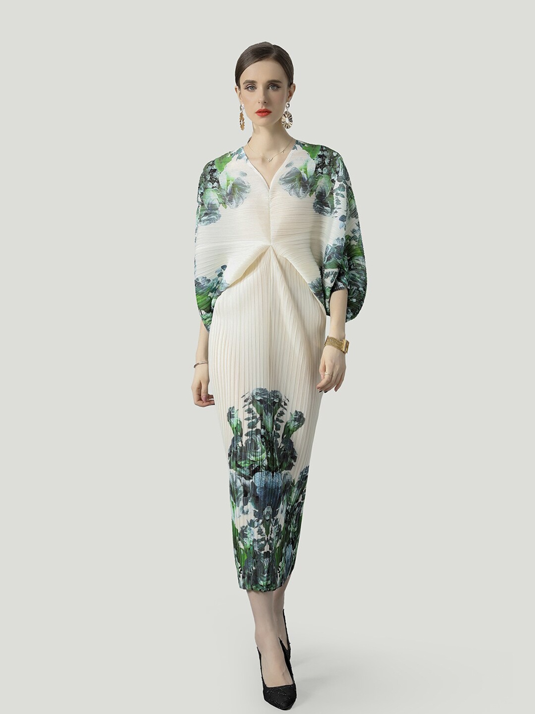 

JC Collection Floral Printed Kimono Sleeves Sheath Midi Dress, White