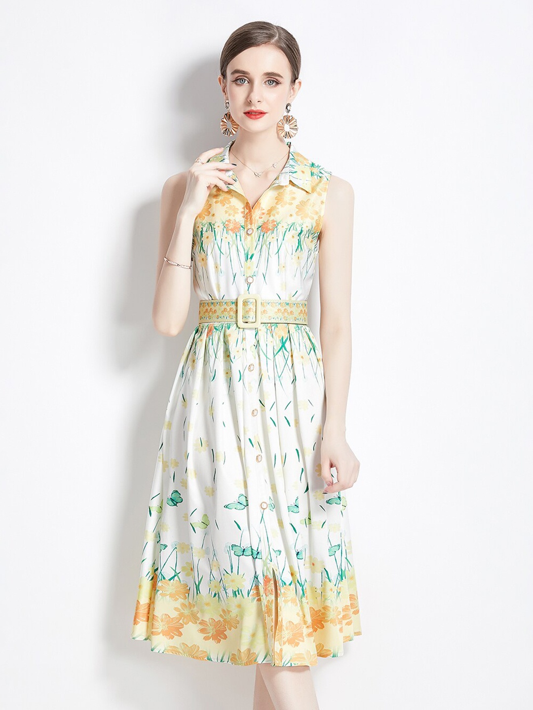 

JC Collection Floral Printed Belted Fit & Flare Dress, Yellow