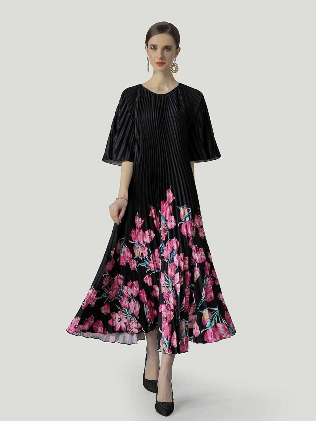 

JC Collection Floral Printed Flared Sleeves Accordion Pleated A-Line Dress, Black