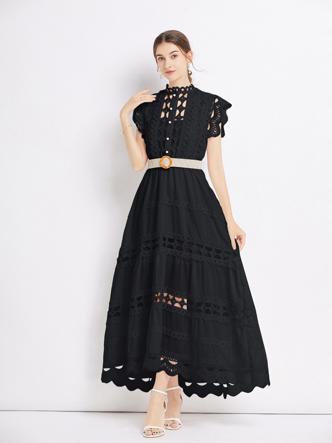 

JC Collection Self Design Cap Sleeves Lace Detail Tiered Belted Maxi Fit & Flare Dress, Black