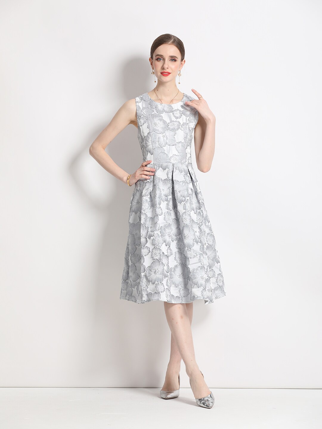

JC Collection Floral Printed Fit & Flare Midi Dress, Silver