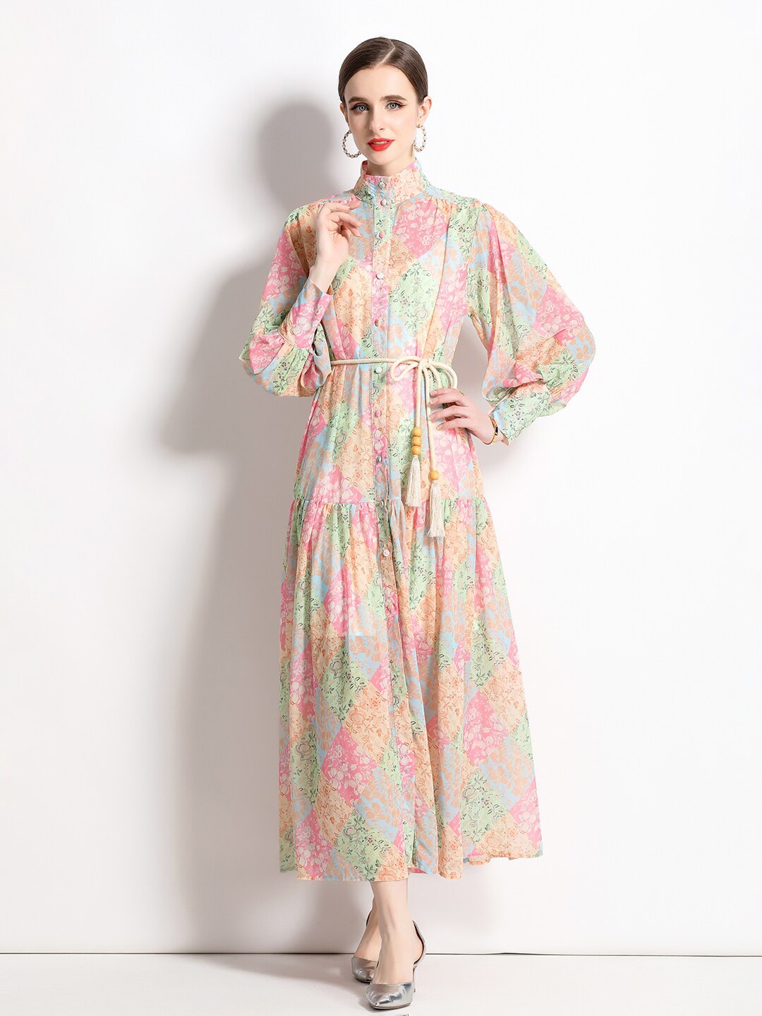 

JC Collection Floral Printed High Neck Cuffed Sleeves Gathered Tiered Tie-Up Maxi Dress, Green