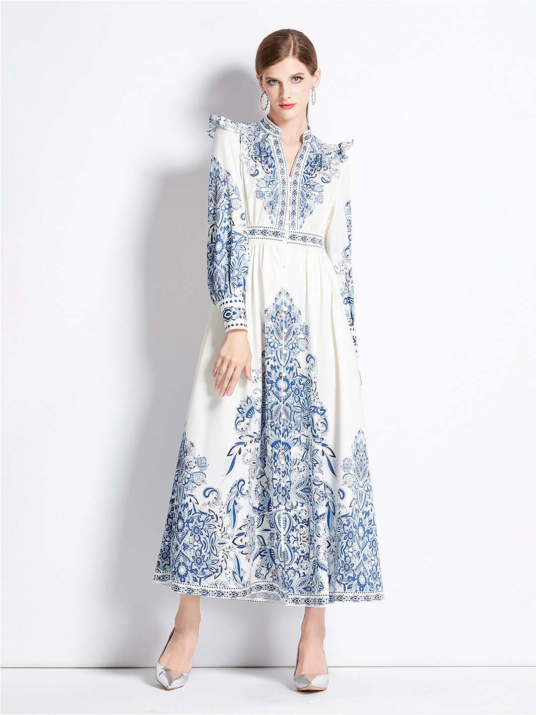 

JC Collection Ethnic Motifs Printed Puff Sleeves Ruffles Detail Midi Dress, White
