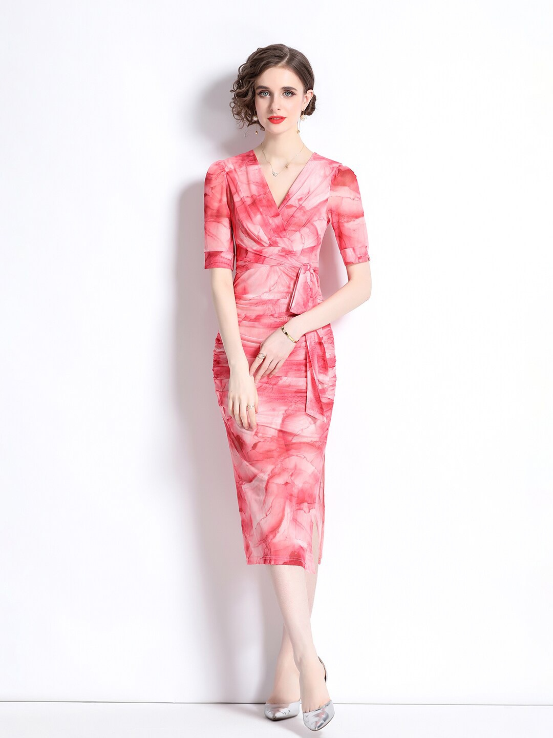 

JC Collection Abstract Printed V-Neck Gathered Detail Sheath Dress, Pink