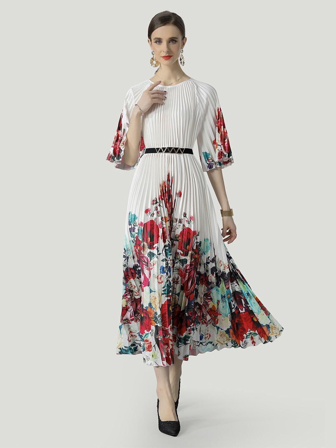 

JC Collection Floral Printed Flared Sleeve Accordion Pleats Fit & Flare Midi Dress, White