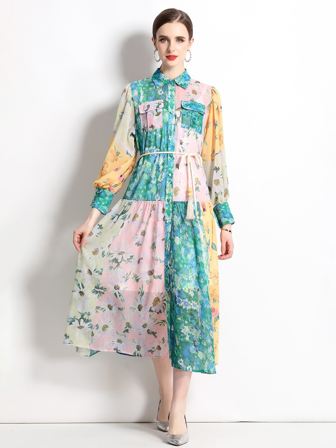 

JC Collection Floral Printed Shirt Collar Fit & Flare Midi Dress, Green