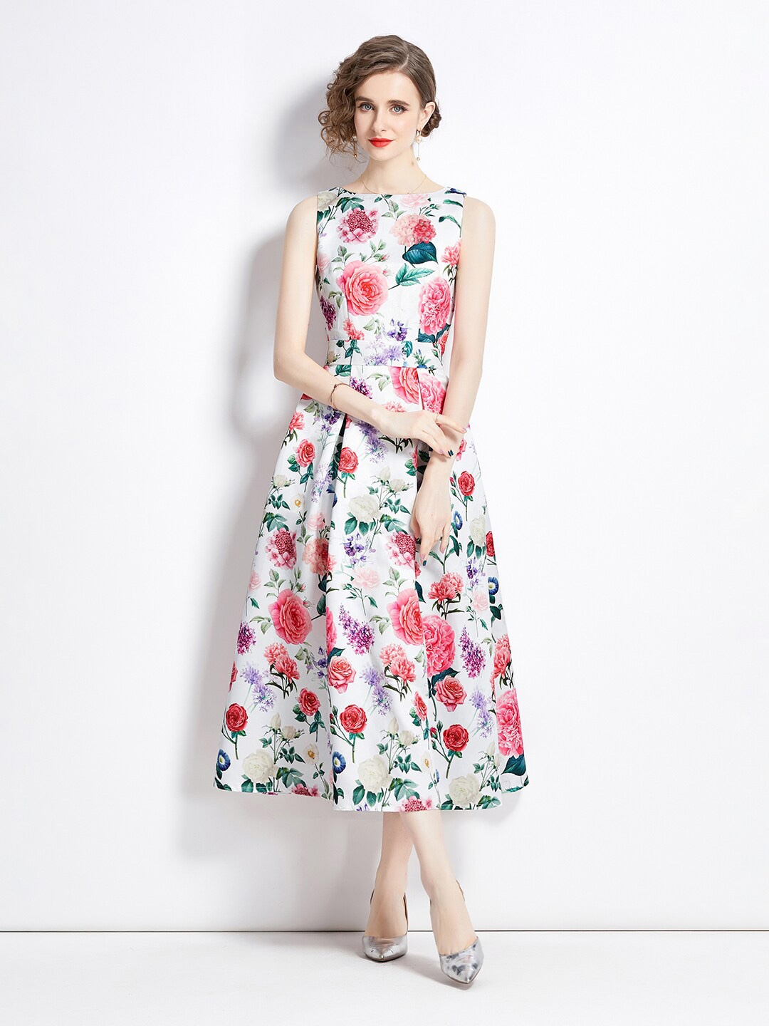 

JC Collection Floral Printed Boat Neck Fit & Flare Midi Dress, White