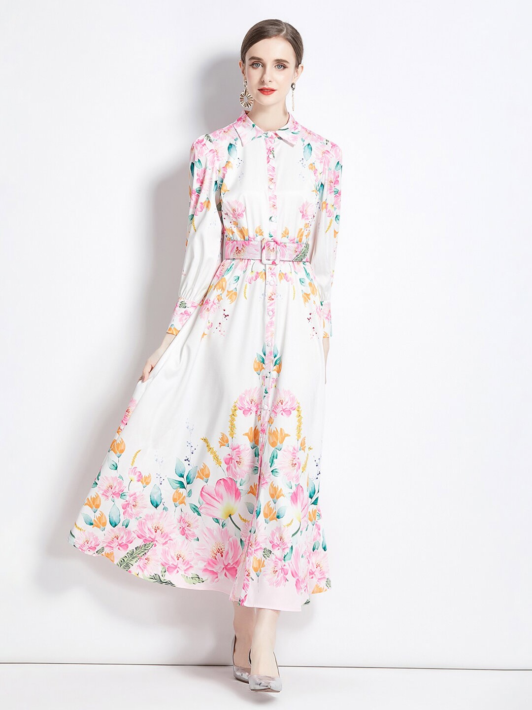 

JC Collection Floral Printed Shirt Collar Cuffed Sleeves Belted Shirt Maxi Dress, White