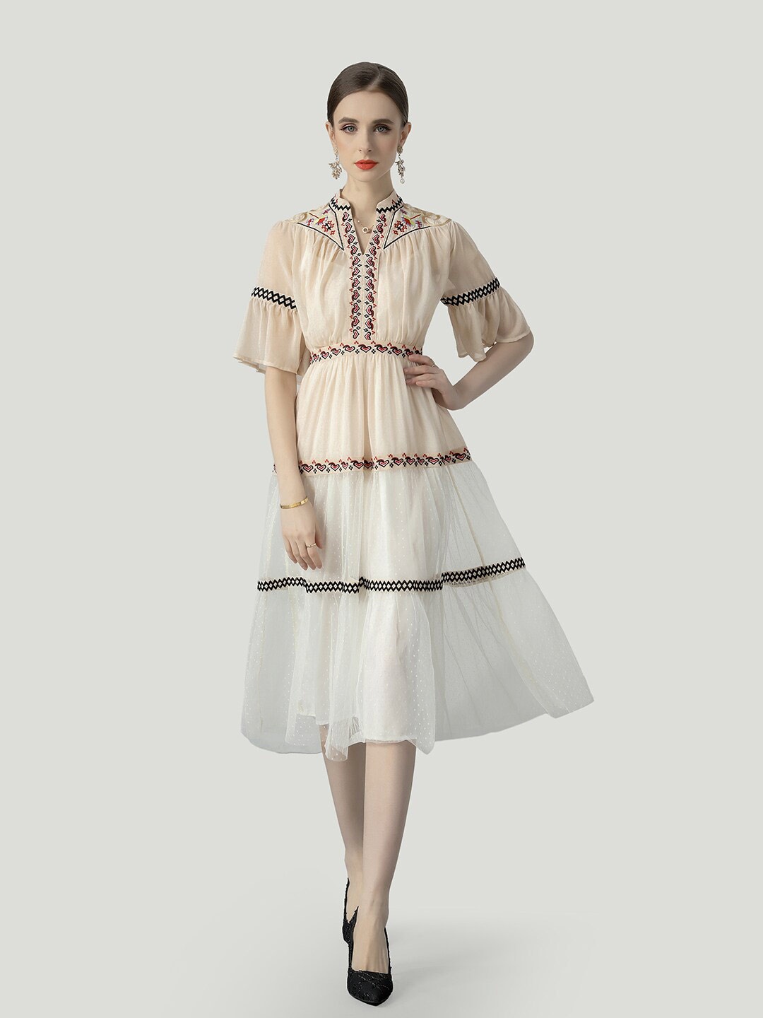 

JC Collection Mandarin Collar Tiered Flared Sleeves A-Line Midi Dress, White