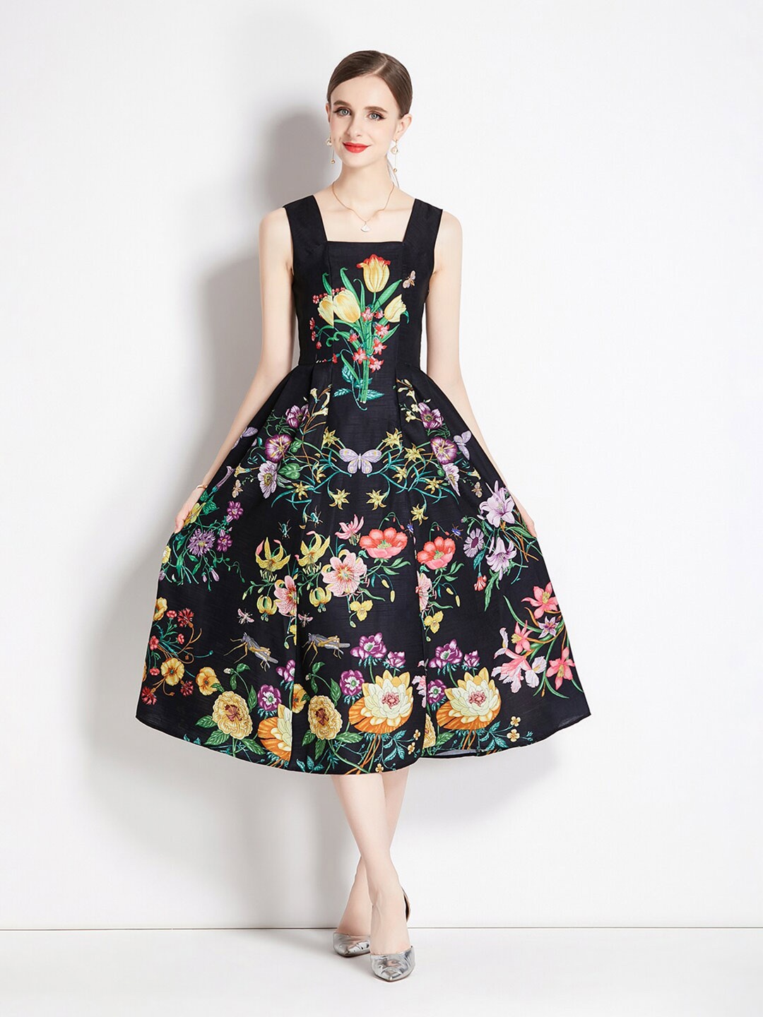 

JC Collection Floral Printed Fit & Flare Midi Dress, Black