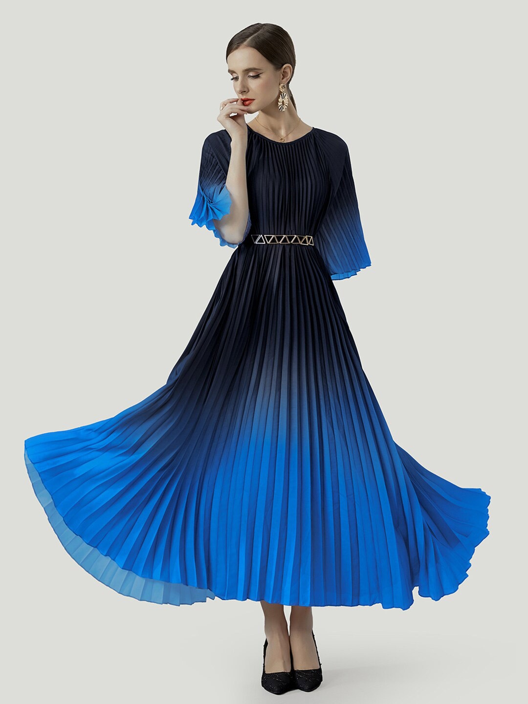 

JC Collection Ombre Dyed Flared Sleeves Accordion Pleated Fit & Flare Maxi Dress, Blue