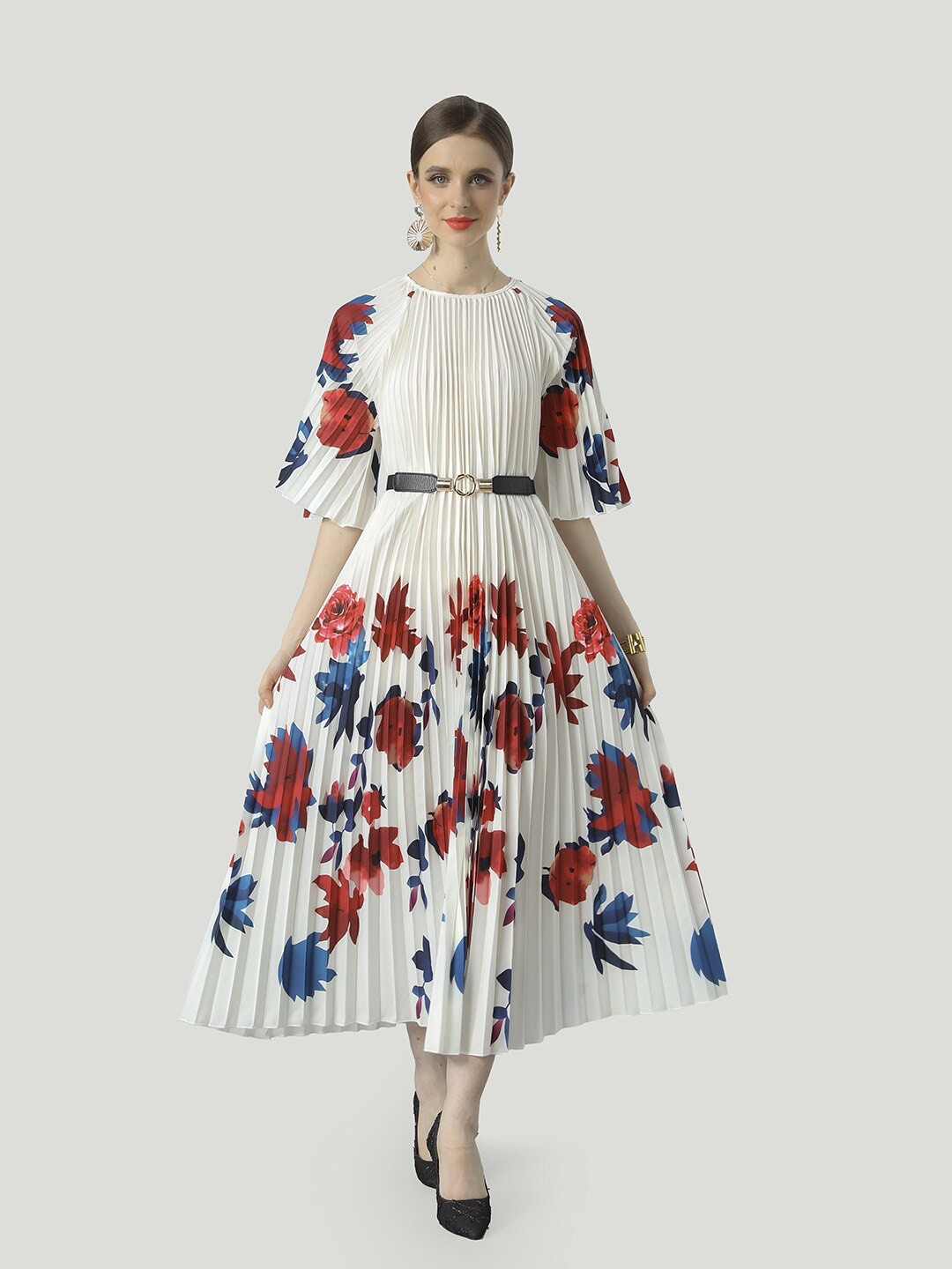 

JC Collection Floral Printed Bell Sleeve Fit & Flare Midi Dress, White