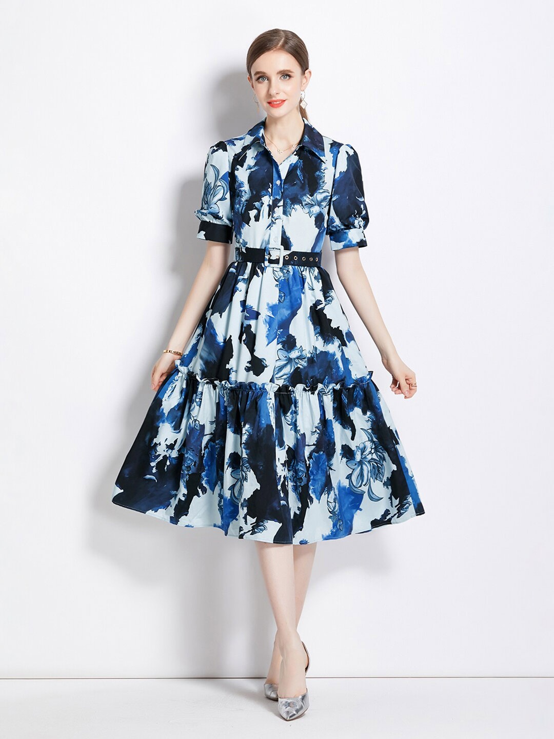 

JC Collection Floral Printed Tiered Shirt Midi Dress, Blue