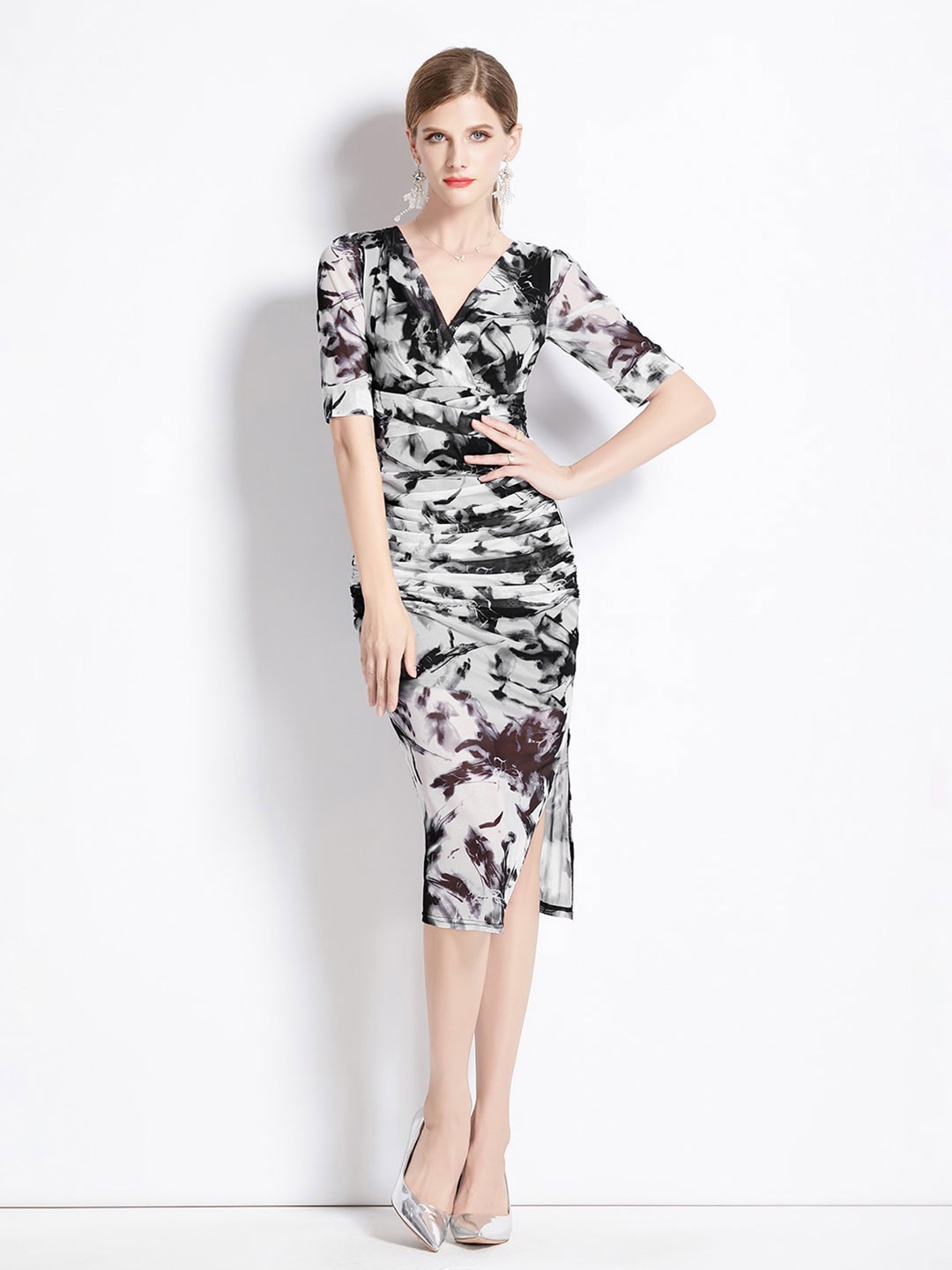 

JC Collection Floral Printed V-Neck Sheath Midi Dress, Black