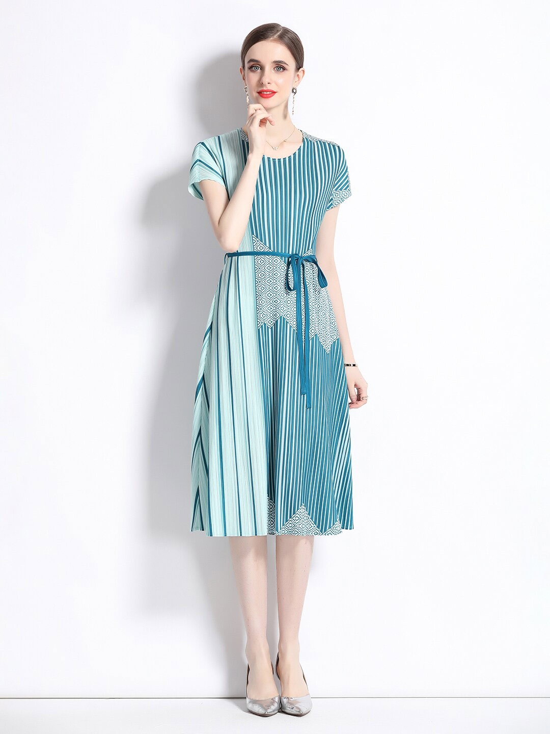 

JC Collection Striped Belted Extended Sleeves A-Line Midi Dress, Green