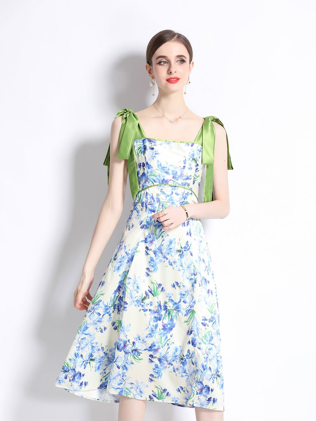 

JC Collection Floral Printed Shoulder Strap Neck Fit & Flare Dress, Green