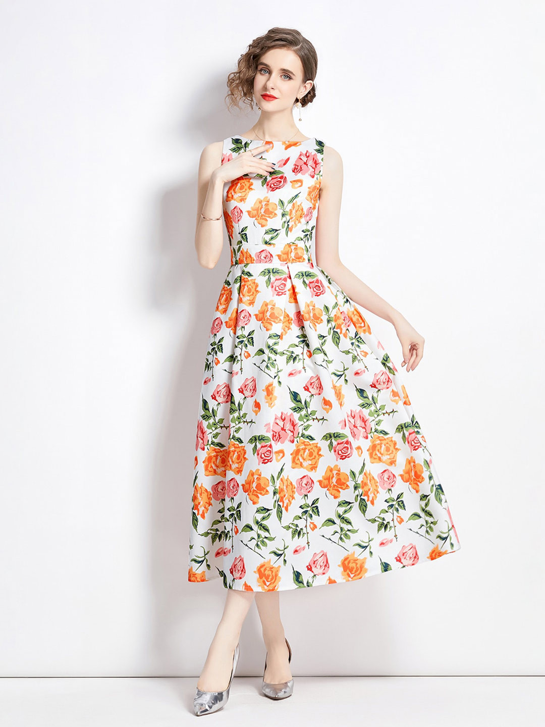 

JC Collection Floral Printed Gathered Fit & Flare Midi Dress, White